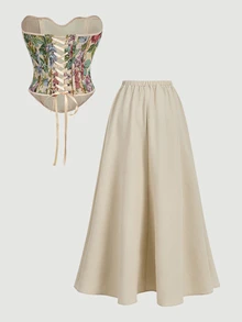 SHEIN MOD Beige Court Style Strapless Top Flared Long Skirt Set Cottage High Waist Pleated A Line Midi Textured Knit Picnic Garden Tea Party Summer - Apricot - View 4