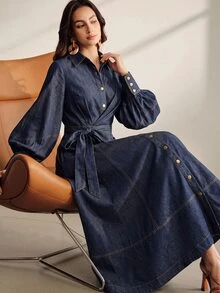 Anewsta Autumn Vintage French Style Denim Waist-Cinching Women's Denim Dress - Blue - View 3