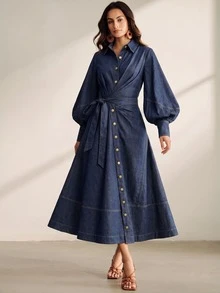 Anewsta Autumn Vintage French Style Denim Waist-Cinching Women's Denim Dress - Blue - View 1