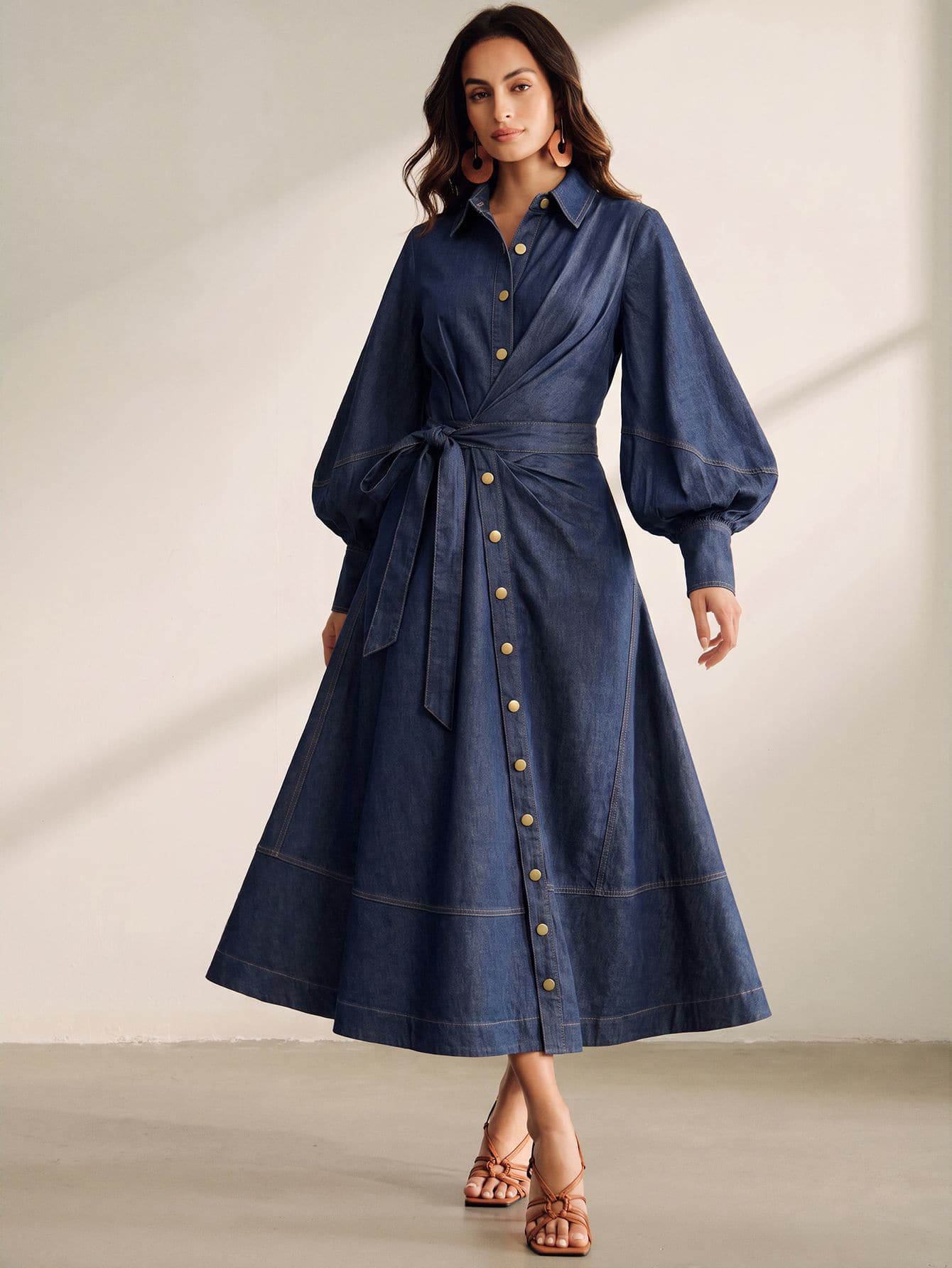 Anewsta Autumn Vintage French Style Denim Waist-Cinching Women's Denim Dress - Blue - View 1