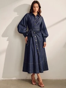 Anewsta Autumn Vintage French Style Denim Waist-Cinching Women's Denim Dress - Blue - View 5