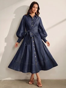 Anewsta Autumn Vintage French Style Denim Waist-Cinching Women's Denim Dress - Blue - View 6