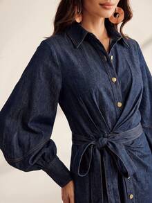 Anewsta Autumn Vintage French Style Denim Waist-Cinching Women's Denim Dress - Blue - View 2