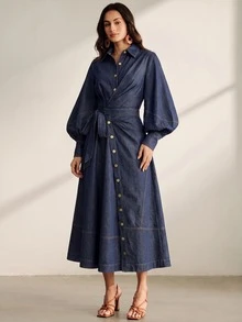 Anewsta Autumn Vintage French Style Denim Waist-Cinching Women's Denim Dress - Blue - View 4