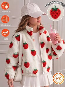 SHEIN 青少年女孩夾克，咖啡色，休閒版型，秋冬保暖，時尚百搭，拉鍊，抓絨，連帽，印花，可愛秋冬，保暖內裡加厚，多色2件套 - 白色 - 查看 1