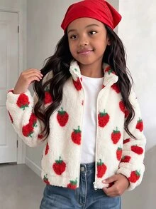 SHEIN 青少年女孩夾克，咖啡色，休閒版型，秋冬保暖，時尚百搭，拉鍊，抓絨，連帽，印花，可愛秋冬，保暖內裡加厚，多色2件套 - 白色 - 查看 3