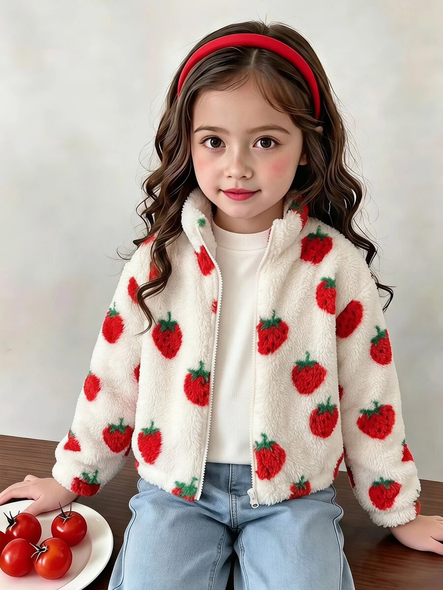 SHEIN Tween Girls Jacket, Coffee Color, Casual Fit, Warm For Autumn/Winter, Fashionable Versatile, Autumn, Zipper, Autumn, Winter, Fleece, Hooded, Printed, Cute Autumn/Winter, Thermal Lined Thickened Multi-Color 2 Pieces Set - White - View 1
