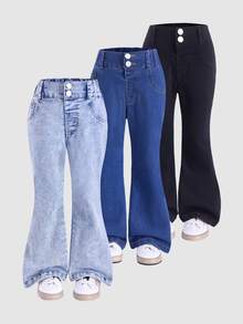 Genkimix Kids 3pcs Young Girls Denim Flare Pants Set,Solid Color Dark Blue Slim Fit Stretchy Flared Jeans,Casual Back-To-School Street Fashion For Spring/Summer - Multicolor - View 9