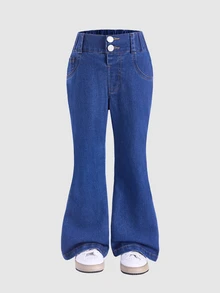 Genkimix Kids 3pcs Young Girls Denim Flare Pants Set,Solid Color Dark Blue Slim Fit Stretchy Flared Jeans,Casual Back-To-School Street Fashion For Spring/Summer - Multicolor - View 7