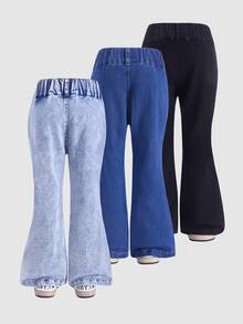 Genkimix Kids 3pcs Young Girls Denim Flare Pants Set,Solid Color Dark Blue Slim Fit Stretchy Flared Jeans,Casual Back-To-School Street Fashion For Spring/Summer - Multicolor - View 3