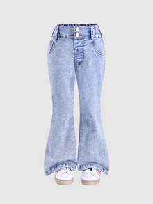 Genkimix Kids 3pcs Young Girls Denim Flare Pants Set,Solid Color Dark Blue Slim Fit Stretchy Flared Jeans,Casual Back-To-School Street Fashion For Spring/Summer - Multicolor - View 6
