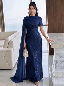 Modelyn 新款不对称袖优雅刺绣花卉收腰浪漫奢华派对及节日礼服 - 藏蓝色 - 查看 5