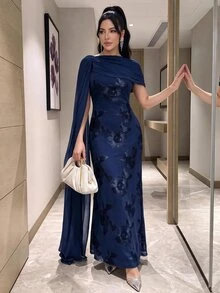 Modelyn 新款不对称袖优雅刺绣花卉收腰浪漫奢华派对及节日礼服 - 藏蓝色 - 查看 6