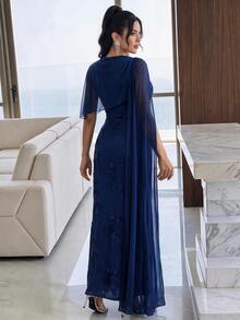 Modelyn 新款不对称袖优雅刺绣花卉收腰浪漫奢华派对及节日礼服 - 藏蓝色 - 查看 3