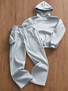 TOKVUE 男士 INS 熱銷結構拼接設計 3D 刺繡連帽衛衣套裝，送給男朋友/丈夫的禮物，適合聚會與旅行 - 淺灰色 - 查看 4
