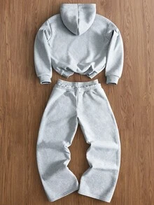TOKVUE 男士 INS 熱銷結構拼接設計 3D 刺繡連帽衛衣套裝，送給男朋友/丈夫的禮物，適合聚會與旅行 - 淺灰色 - 查看 5