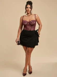 SHEIN BAE CURVE Plus Size Women Sexy Lace Patchwork Tie-Up Skort Fall - Black - View 4