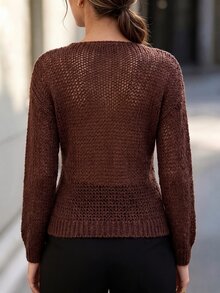 SHEIN LUNE 女款純色休閒波西米亞風百搭日常針織上衣 咖啡棕 秋季 感恩節野餐早午餐咖啡 - 巧克力棕 - 查看 2