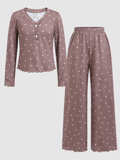 SHEIN Conjunto de pijama de 2 piezas para niña preadolescente con estampado de lunares, cuello en V, media botonadura delantera, volantes, manga larga y pantalones, suave y cómodo para estar en casa