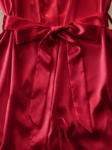 DelicateAllure 四件套睡衣：刺绣V领仿丝吊带睡裙、吊带上衣、短裤和系带浴袍，秋冬服装 - 酒紅色 - 查看 4
