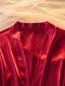 DelicateAllure 四件套睡衣：刺绣V领仿丝吊带睡裙、吊带上衣、短裤和系带浴袍，秋冬服装 - 酒紅色 - 查看 5