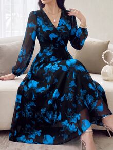 Modelyn 女式花卉图案V领长袖连衣裙 - 藍色 - 查看 6