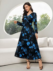 Modelyn 女式花卉图案V领长袖连衣裙 - 藍色 - 查看 9