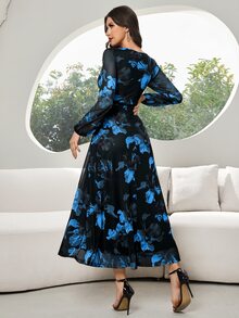 Modelyn 女式花卉图案V领长袖连衣裙 - 藍色 - 查看 8