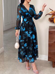 Modelyn 女式花卉图案V领长袖连衣裙 - 藍色 - 查看 4