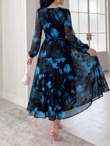 Modelyn 女式花卉图案V领长袖连衣裙 - 藍色 - 查看 2