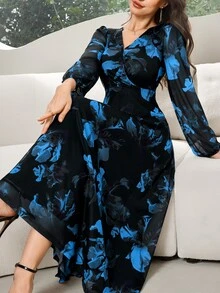 Modelyn 女式花卉图案V领长袖连衣裙 - 藍色 - 查看 7