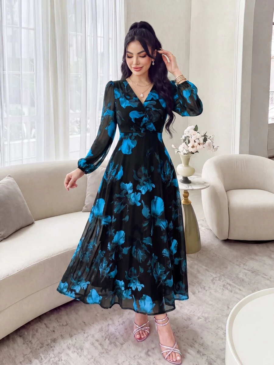 Modelyn 女式花卉图案V领长袖连衣裙 - 藍色 - 查看 1