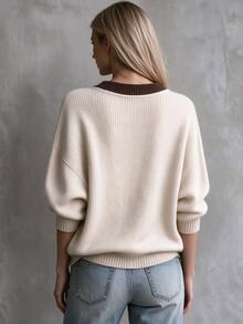 SHEIN Women's French Contrast Color V-Neck Half-Button Knit Sweater For Women, Loose Drop Shoulder Slouchy Single Button Pullover Long Sleeve Top Halloween. - Apricot - View 2