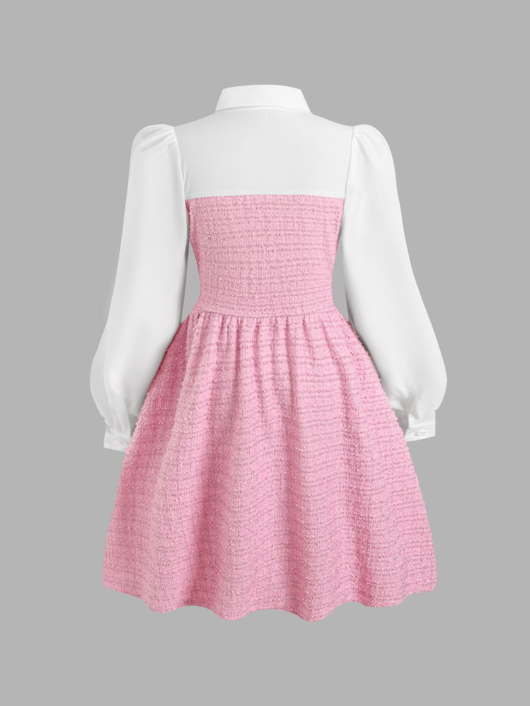 SHEIN Tween Girl Tween Girl Kids Elegant Knit Pink & White Color Collar Sleeve 2--1 Dress, Back To School, Autumn Dress, Outfit, White Long Sleeve Dress - Pink - View 3