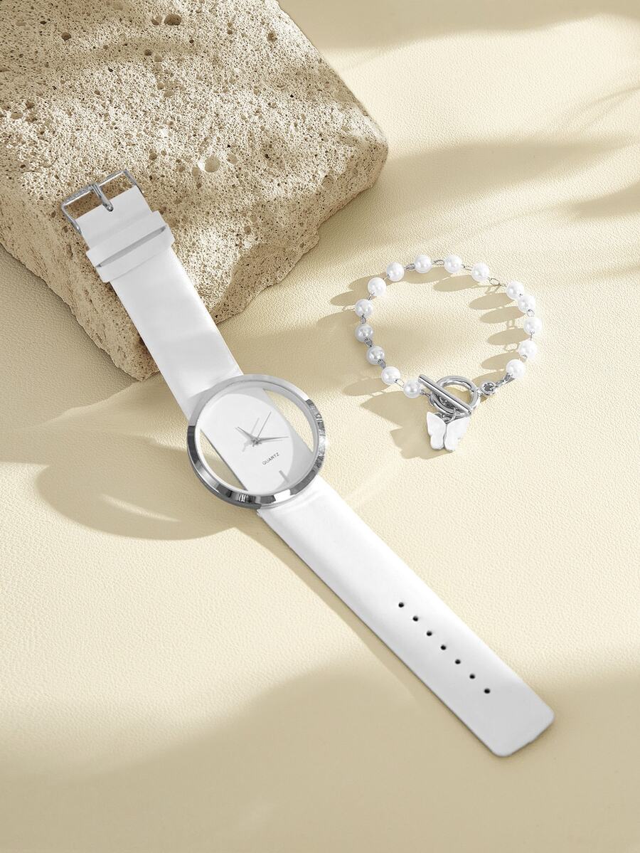 Opalesca 1pc Minimalist Round Pointer Quartz Watch & 1pc Butterfly Charm Bracelet As A Gift For Students Returning To School - White - View 1