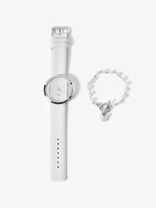 Opalesca 1pc Minimalist Round Pointer Quartz Watch & 1pc Butterfly Charm Bracelet As A Gift For Students Returning To School - White - View 2