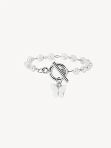 Opalesca 1pc Minimalist Round Pointer Quartz Watch & 1pc Butterfly Charm Bracelet As A Gift For Students Returning To School - White - View 3