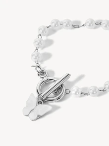Opalesca 1pc Minimalist Round Pointer Quartz Watch & 1pc Butterfly Charm Bracelet As A Gift For Students Returning To School - White - View 4