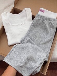 Comfortcana 2025 New Autumn Vacation 2 Pieces Set, Letter Print Long Sleeve T-Shirt With Color Block Long Pants In Cream Yellow And Pink - Black and White - View 5