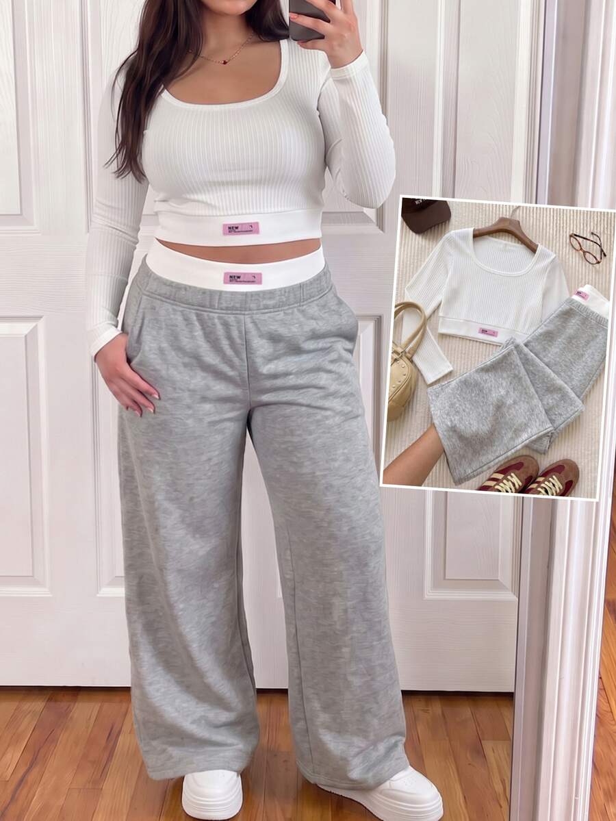 Comfortcana 2025 New Autumn Vacation 2 Pieces Set, Letter Print Long Sleeve T-Shirt With Color Block Long Pants In Cream Yellow And Pink - Black and White - View 1
