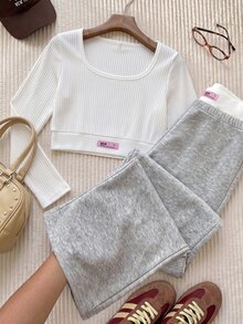 Comfortcana 2025 New Autumn Vacation 2 Pieces Set, Letter Print Long Sleeve T-Shirt With Color Block Long Pants In Cream Yellow And Pink - Black and White - View 3