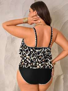 SHEIN Swim Curve Plus Size Women 2 Pieces Set, Beige Black Spaghetti Strap Double Ruffle Trim Top Paired With High Waist Pleated Trim Pants Summer Beach Vacation Sexy - Multicolor - View 2