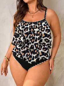 SHEIN Swim Curve Plus Size Women 2 Pieces Set, Beige Black Spaghetti Strap Double Ruffle Trim Top Paired With High Waist Pleated Trim Pants Summer Beach Vacation Sexy - Multicolor - View 3