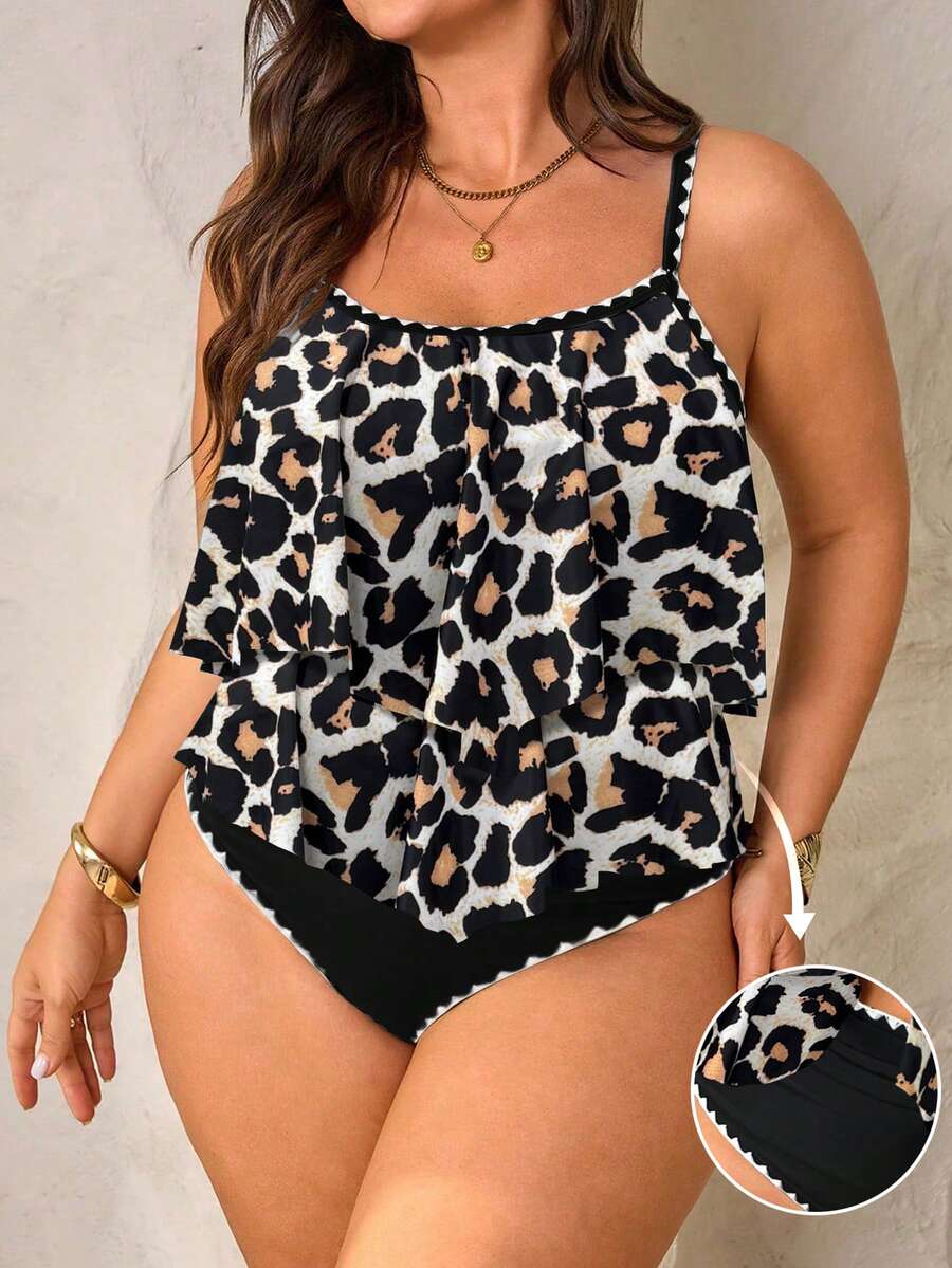 SHEIN Swim Curve Plus Size Women 2 Pieces Set, Beige Black Spaghetti Strap Double Ruffle Trim Top Paired With High Waist Pleated Trim Pants Summer Beach Vacation Sexy - Multicolor - View 1