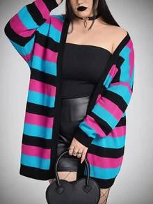 SHEIN CURVE+ 大尺碼哥德龐克風萬聖節多色條紋羊毛針織開襟衫，女款秋冬針織衫 - 彩色 - 查看 1