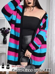 SHEIN CURVE+ 大尺碼哥德龐克風萬聖節多色條紋羊毛針織開襟衫，女款秋冬針織衫 - 彩色 - 查看 7