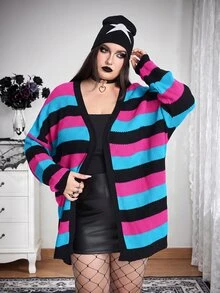 SHEIN CURVE+ 大尺碼哥德龐克風萬聖節多色條紋羊毛針織開襟衫，女款秋冬針織衫 - 彩色 - 查看 5