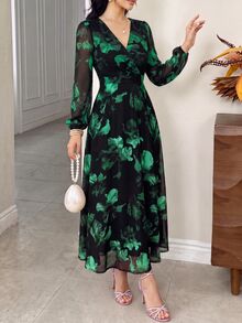 Modelyn Women's Floral Print V-Neck Elegant Long Sleeve Dress - Green - View 5