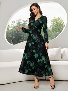Modelyn Women's Floral Print V-Neck Elegant Long Sleeve Dress - Green - View 10