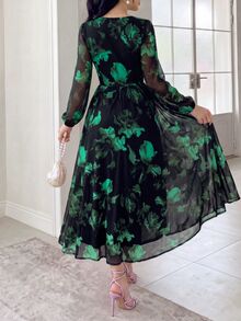 Modelyn Women's Floral Print V-Neck Elegant Long Sleeve Dress - Green - View 3